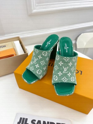 Louis Vuitton Silhouette Slide Sandals 10cm in Leather and Monogram Denim Mule 2023 Green