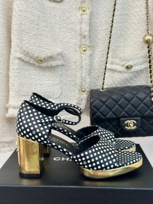 Chanel Gold Heel Calfskin Sandals Dotted Black 2024