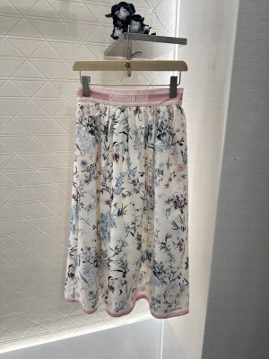 Christian Dior Mid-Length Flared Skirt Pink Cotton Muslin with Multicolor Millefiori Motif