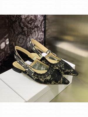Dior J'Adior Slingback Flat in Black Transparent Mesh Embroidered with Dior Roses Motif  2023