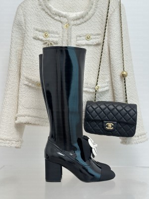 Chanel Patent Calfskin 8cm Long Boots Black 01