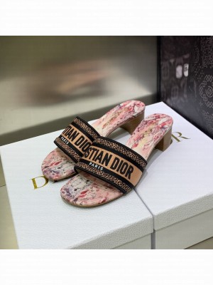 Dior Dway Heeled Slide Sandals 4cm in Cotton Embroidered 2023 Collection 032