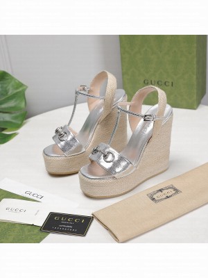 Gucci Calfskin 13cm Silver Espadrilles Wedge Sandals 2021 Collection