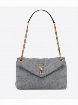 SAINT LAURENT PUFFER SMALL CHAIN BAG IN DENIM AND SMOOTH LEATHER 577476 BLUE-GRAY