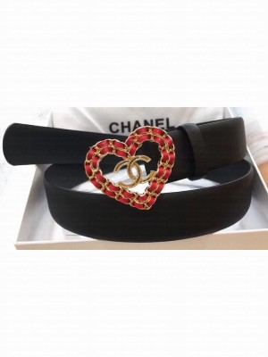 Chanel Width 3cm Chain Heart CC Logo Buckle Leather Belt Black/Red