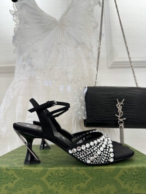 GUCCI WOMEN'S MID-HEEL 6.5CM SANDALS WITH CRYSTALS BLACK
