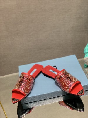 Prada TPU Flat with Crystal Studs Slipper 2022 Collection,Red