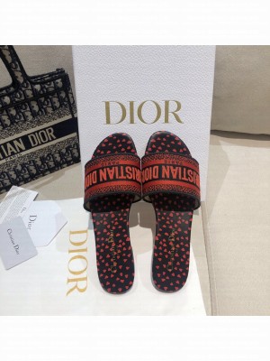 Dior Dway Flat Slide Sandals in Navy Blue and Red Hearts I Love Paris Embroidered Cotton 2021 Collection 
