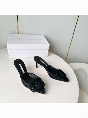 MANOLO BLAHNIK MAYSALEBIUS Black Mesh Checkered Mules