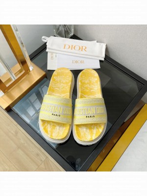 Dior Dway Slide Sandals in Yellow Reverse Embroidered Cotton 2022 Collection