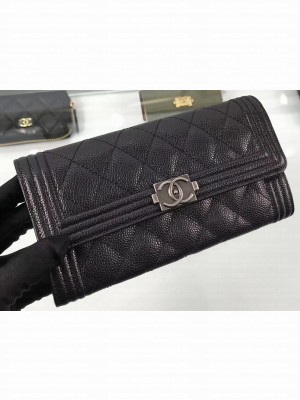 Chanel Grained Calfskin Boy Long Flap Wallet A80286 Black/Silver