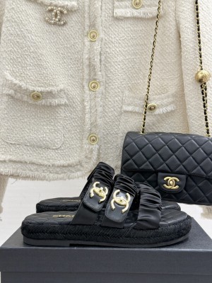 Chanel Three-Strap Buckle Espadrilles Slide Black 2025