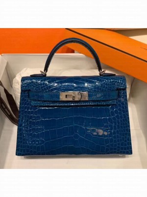 Hermes Mini Kelly II Handbag in Glossy Real Alligator Leather Blue (Handmade) Collection