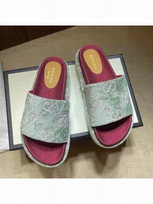 Gucci Velvet GG Platform Slide Sandal 573018 Light Green 2021 Collection