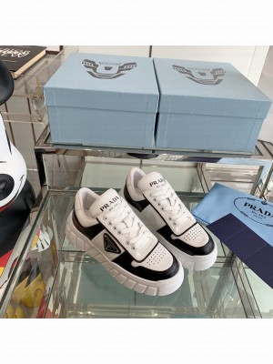 Prada Unisex Logo Leather Sneakers Black/White 02