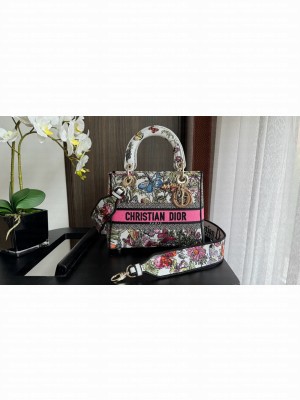 Medium Lady D-Lite Bag Multicolor Dior 4 Saisons Ete Embroidery M0565O pink