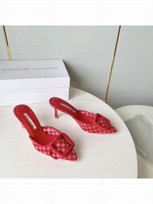 MANOLO BLAHNIK MAYSALEBIUS Red Mesh Checkered Mules