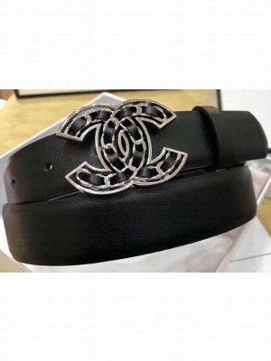 Chanel Width 3cm Chain CC Logo Buckle Leather Belt Black/Silver