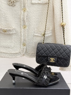 Chanel Beige Fabric Trim Bow Slide Sandals heel 5cm 2025 Black