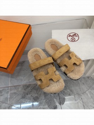 Hermes Unisex woolskin Oran Flat Slide Sandals 154 2022 Collection