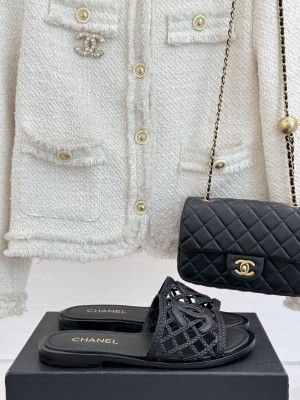 Chanel Calfskin Braided Mesh Flat Slides Sandal Black 2025