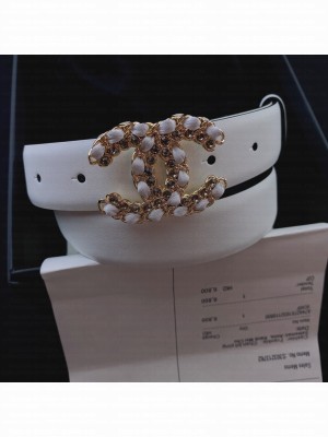 Chanel Smooth Calfskin Belt 3cm with Chain Leather CC Buckle White  2021 Collection