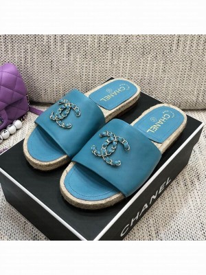 Chanel Chain CC Lambskin Espadrilles Slide Sandals Blue Spring/Summer 2021 Collection