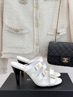 Chanel Lambskin Heel Sandals 8cm with CC Straps White 2025 