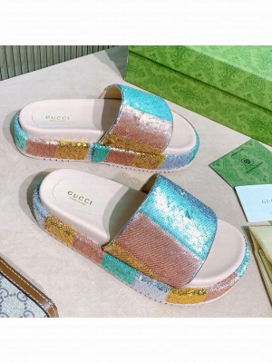 Gucci Striped Sequins Platform Slide Sandal 573018 2021 Collection