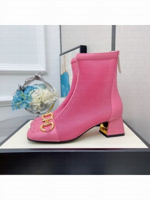 Gucci Women's Pink GG Horsebit Mesh Heel 5.5  Ankle Boot 2021 Collection