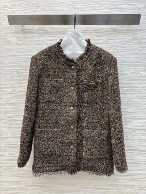 Chanel Tweed With Brooch Jacket Brown