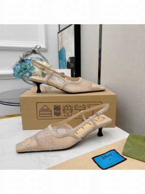 GUCCI Vintage Mesh With Diamond 4.5cm Slingback Beige Pumps 2021 Collection