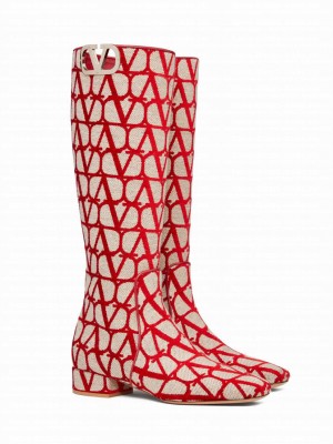 Valentino Women's Vlogo Type Boot In Toile Iconographe 30MM Red