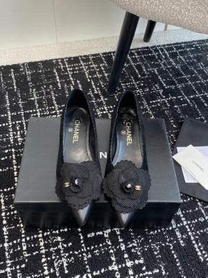 Chanel Camellia Suede & Leather Pointed Flat Black 2024