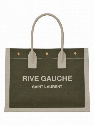 Saint Laurent Rive Gauche Small Tote Bag In Linen And Leather Green