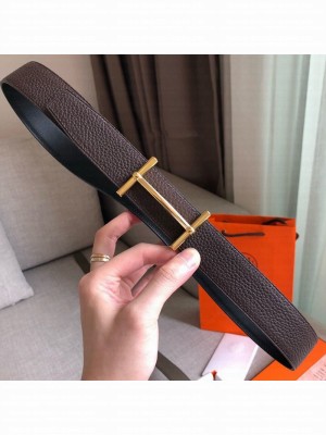 Hermes H D'Ancre Reversible Leather Buckle Belt 32mm Coffee/Gold 2019 Collection