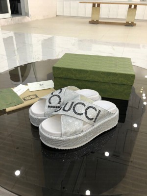 GUCCI CRISS-CROSS STRAPS GG SLIDE SANDALS WITH DIAMONDS WHITE 2021 Collection