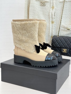 Chanel Shearling Lambskin & Patent Calfskin Beige Ankle Boot