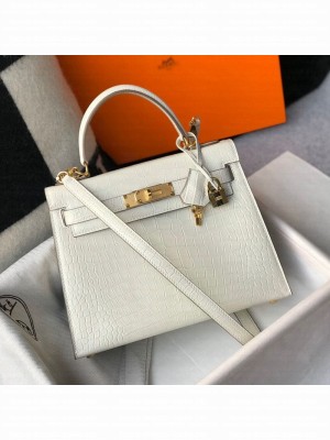 Hermes Kelly 25/28cm in Crocodile Embossed Calf Leather White/Gold 2019 (Half Handmade) Collection