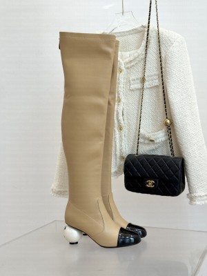 Chanel Stretch Lambskin & Patent Calfskin Heeled Over-the-Knee Boots Beige