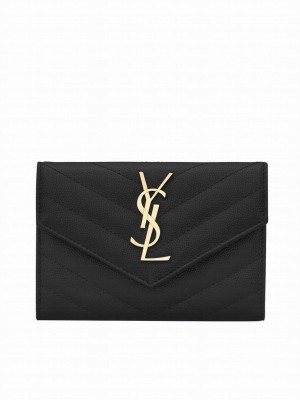 Saint Laurent Monogram Small Envelope Wallet In Grain De Poudre Embossed Leather Black