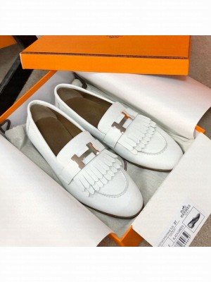 Hermes Royal Fringe Lambskin Flat Loafers White 2020 Collection