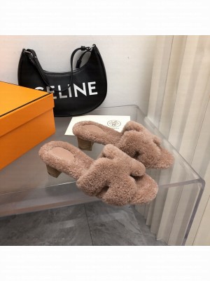 Hermes woolskin Oasis Slide Sandals Brown 2022 Collection