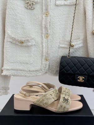 Chanel Leather & metal Chain CC Logo 4cm Sandals Beige 2025