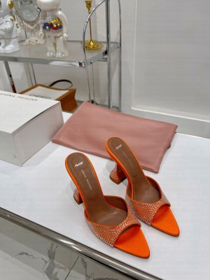 Amina Muaddi Caroline Crystal 9.5cm Slide Satin Mule Sandal orange