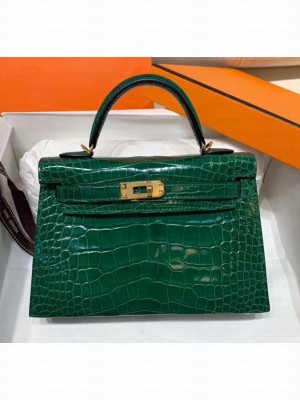 Hermes Mini Kelly II Handbag in Glossy Real Alligator Leather Green (Handmade) Collection