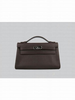 HERMES KELLY 22 CALFSKIN LEATHER CLUTCH BAG IN DEEP COFFEE 