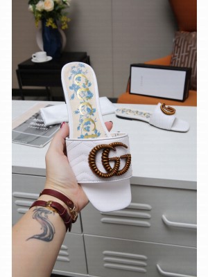 Gucci Calfskin Flat Slide Sandals with Aged Gold GG White 2021 Collection