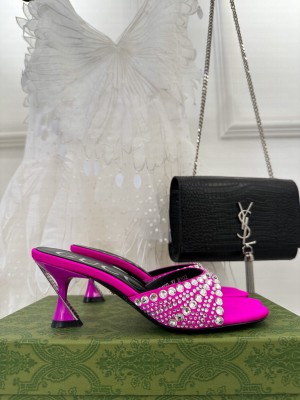 GUCCI WOMEN'S 6.5CM SLIDE SANDALS WITH CRYSTALS PINK
