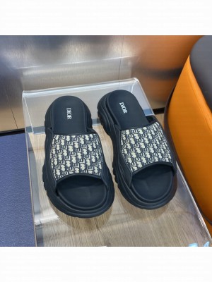 DIOR H-TOWN UNISEX SANDAL Black Rubber with Beige and Black Dior Oblique Jacquard 